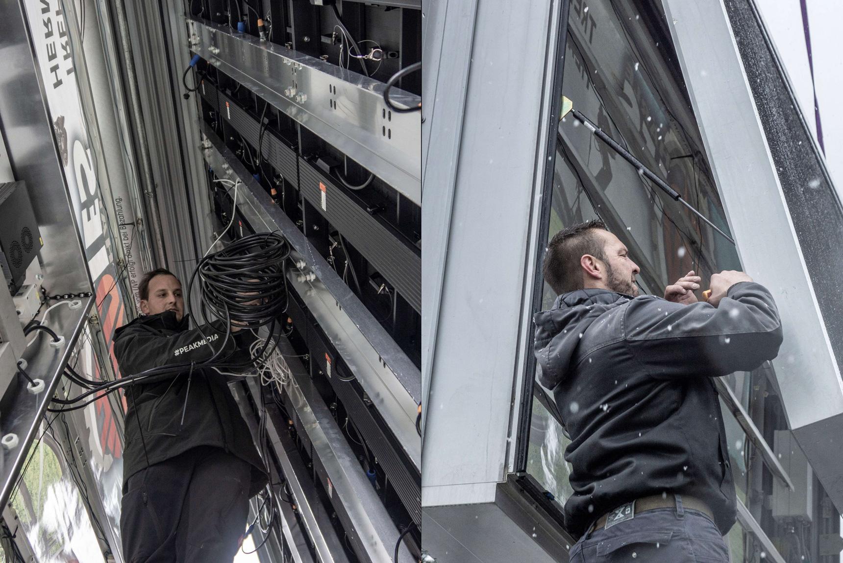 Peakmedia-Technik Leiter Mike Mascher hat mit seinem Team dafür gesorgt, dass die neuen LED Walls innerhalb weniger Stunden wieder am Netz waren. Peakmedia Techniker Thomas Gutsche beim Aufbau der neuen LED Walls, die mit 3,9 mm Pixel-Pitch zu den absoluten Premiumprodukten in der digitalen Außenwerbung gehören.