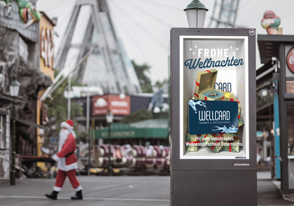 Weihnachtsspot von Wellcard auf der Stele von monitorwerbung im Prater Wien