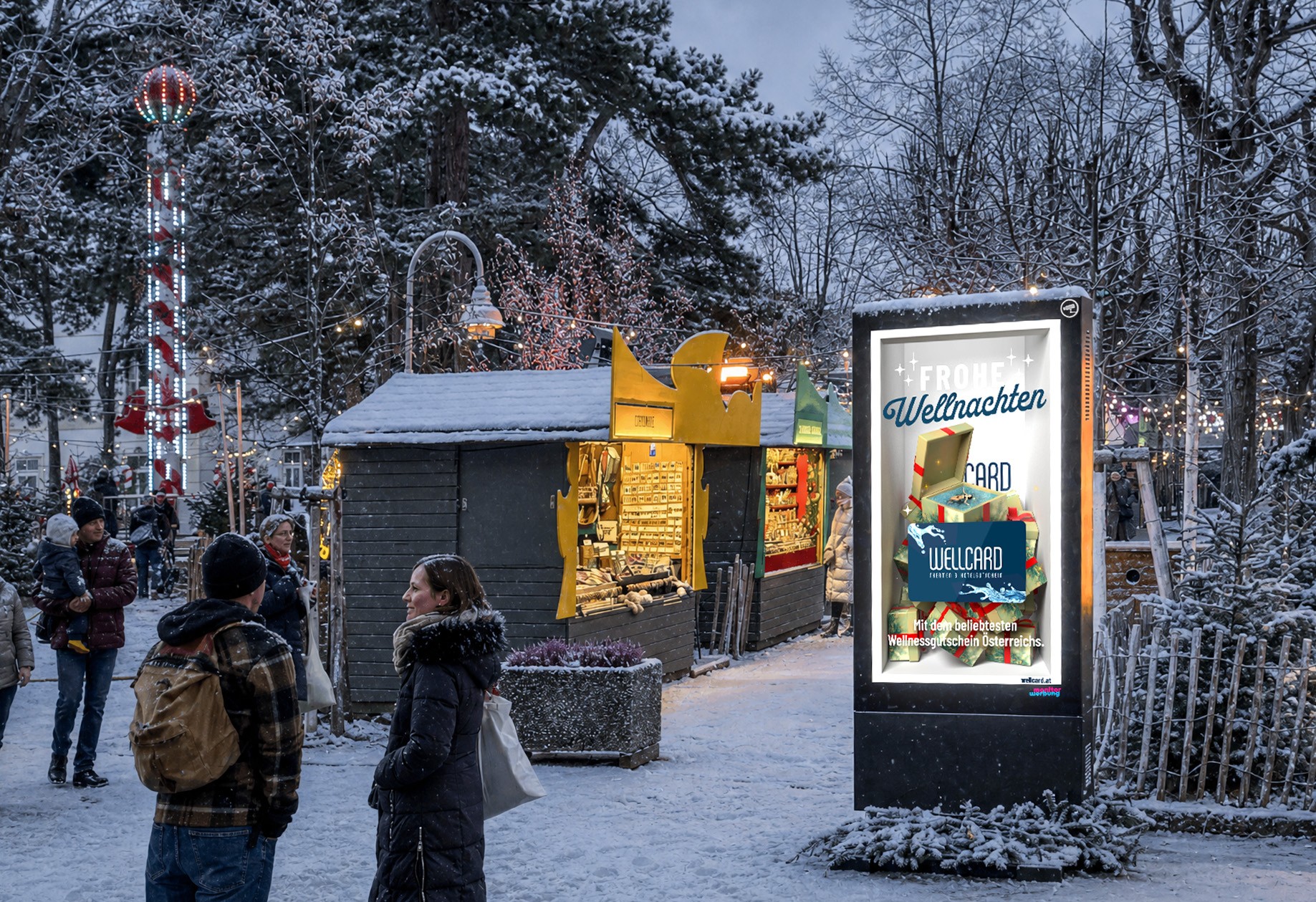 Hochformat Screens von monitorwerbung mitten in den Wintermärkten in Wien