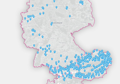 Karte von über 1700 monitorwerbung Standorten in Österreich, Deutschland und Südtirol