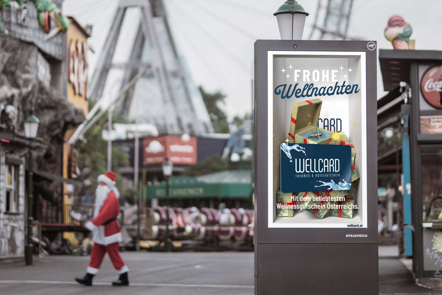 Weihnachtsspot von Wellcard auf der Stele von monitorwerbung im Prater Wien