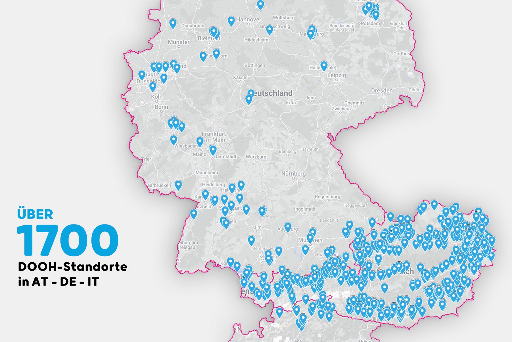 Karte von über 1700 monitorwerbung Standorten in Österreich, Deutschland und Südtirol